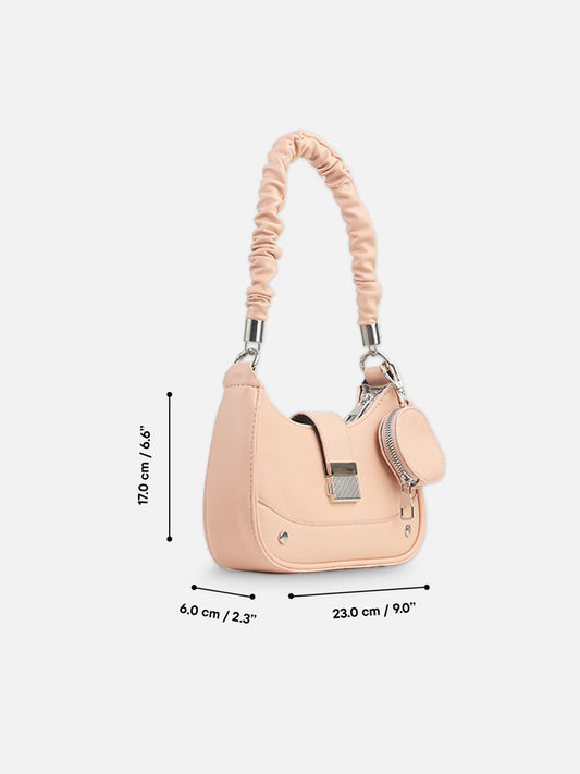 Chic Blush Pink Faux Leather Crescent Bag with Pouch