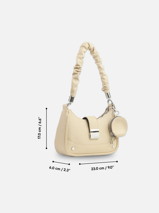 Cream Faux Leather Crescent Bag with Pouch