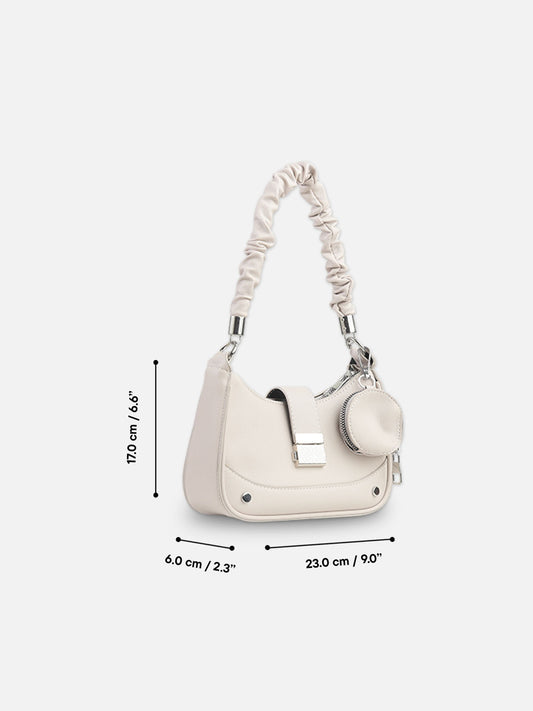 Stylish Off-White Faux Leather Crescent Bag with Pouch