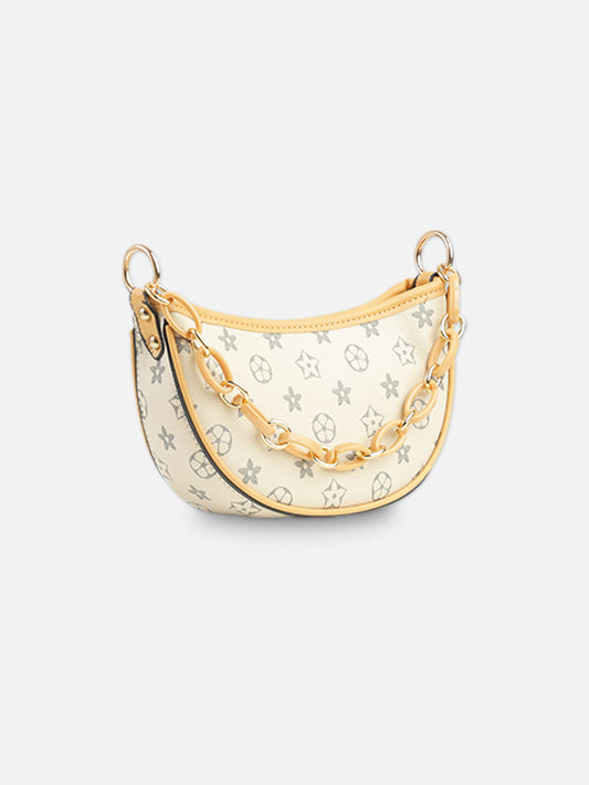 Luxury Monogram Crescent Shoulder Bag – Cream & Gold