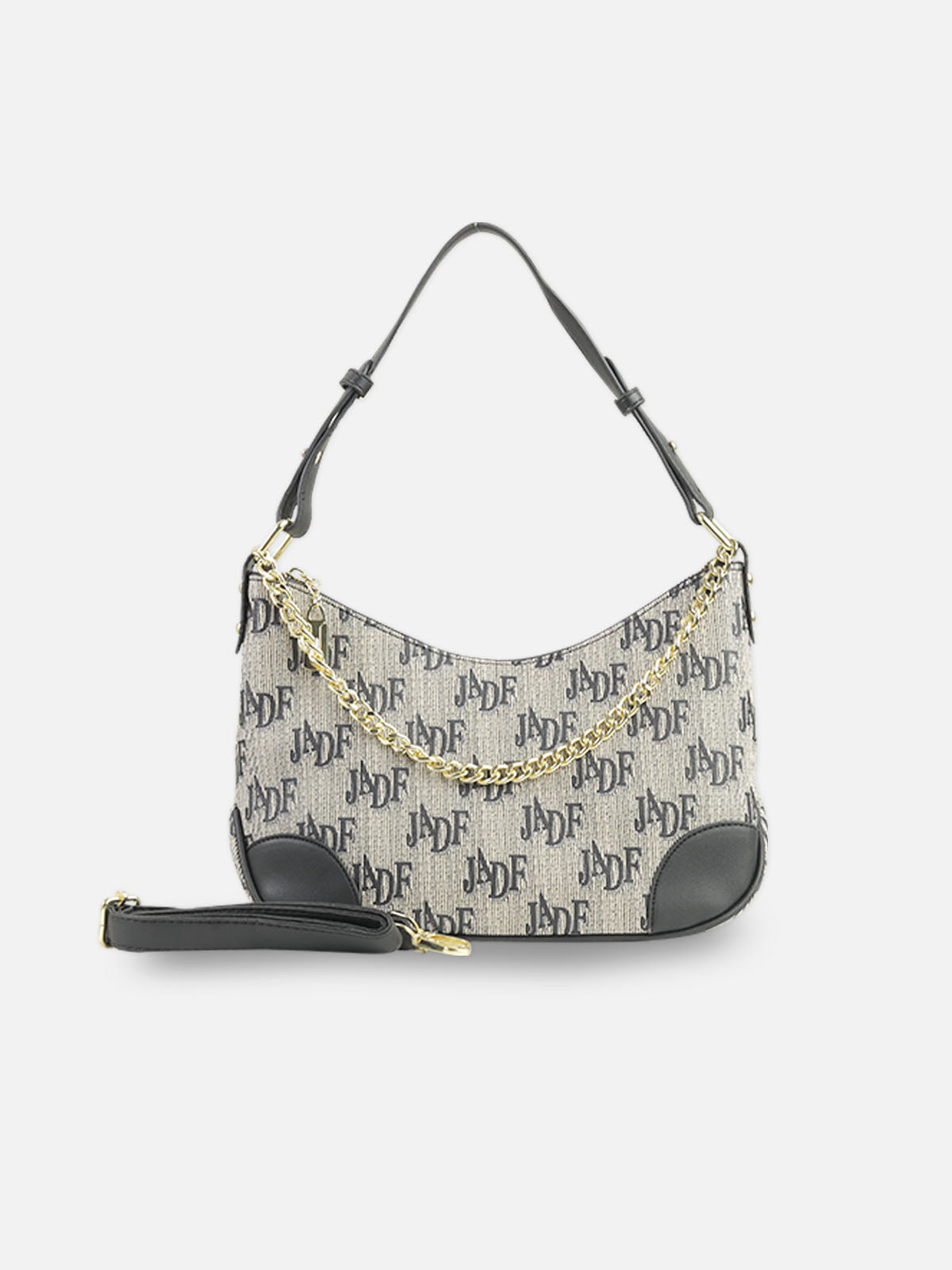 JADE Monogram Shoulder Bag – Black & Beige with Gold Chain