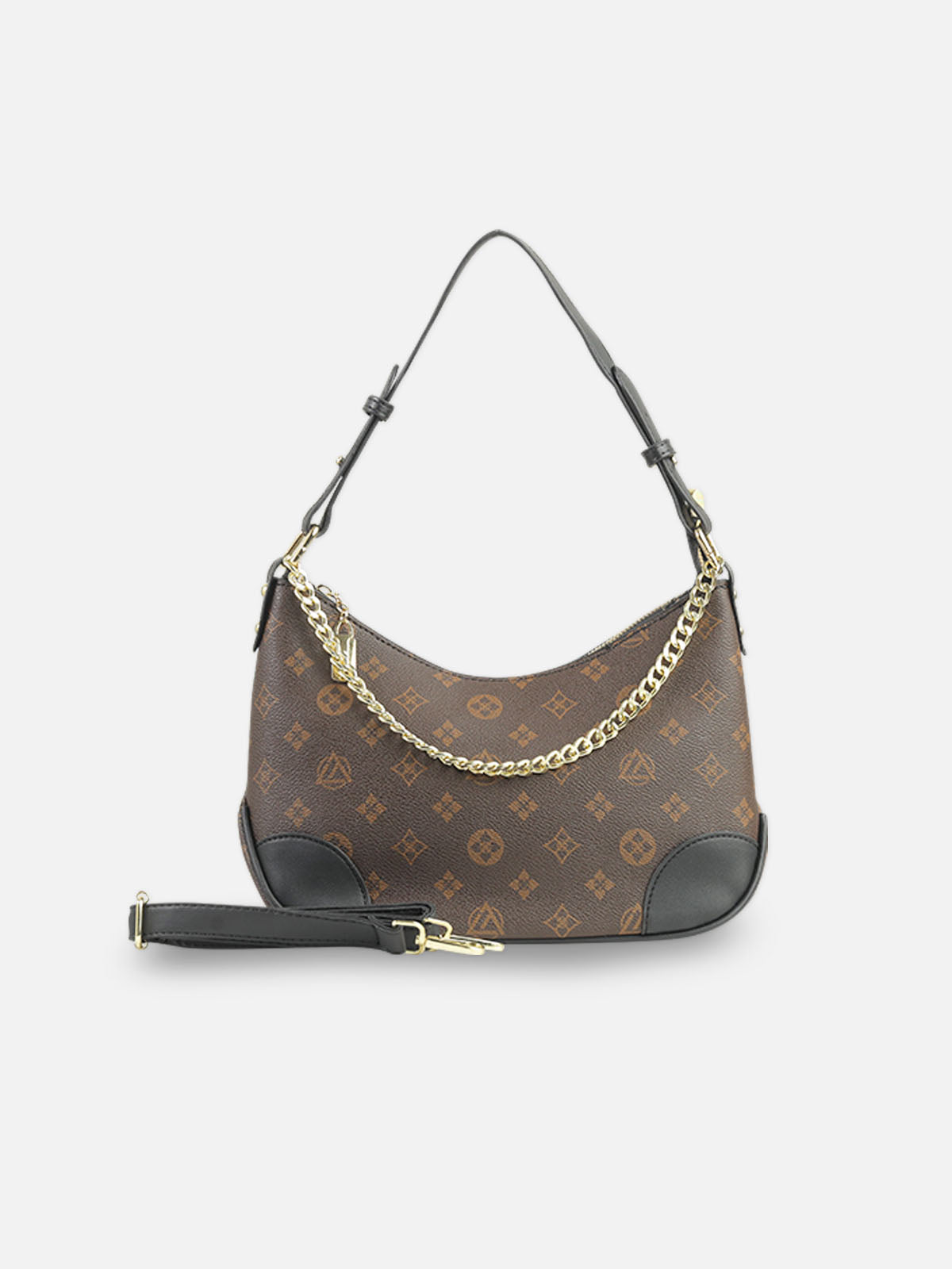 Classic Monogram Shoulder Bag – Brown & Black with Gold Chain Detail