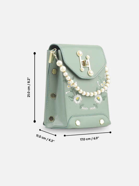 Mint Green Faux Leather Crossbody Bag with Floral Embroidery
