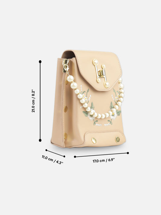 Blush Beige Faux Leather Crossbody Bag with Floral Embroidery