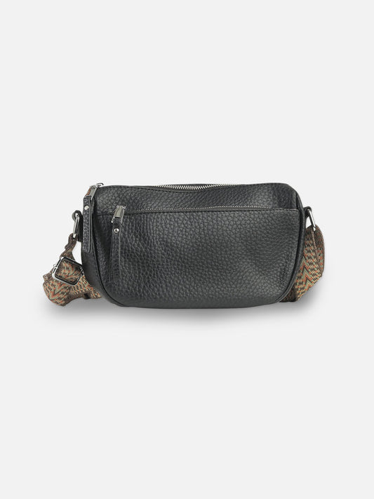 Classic Black Textured Shoulder Bag with Zip Closure