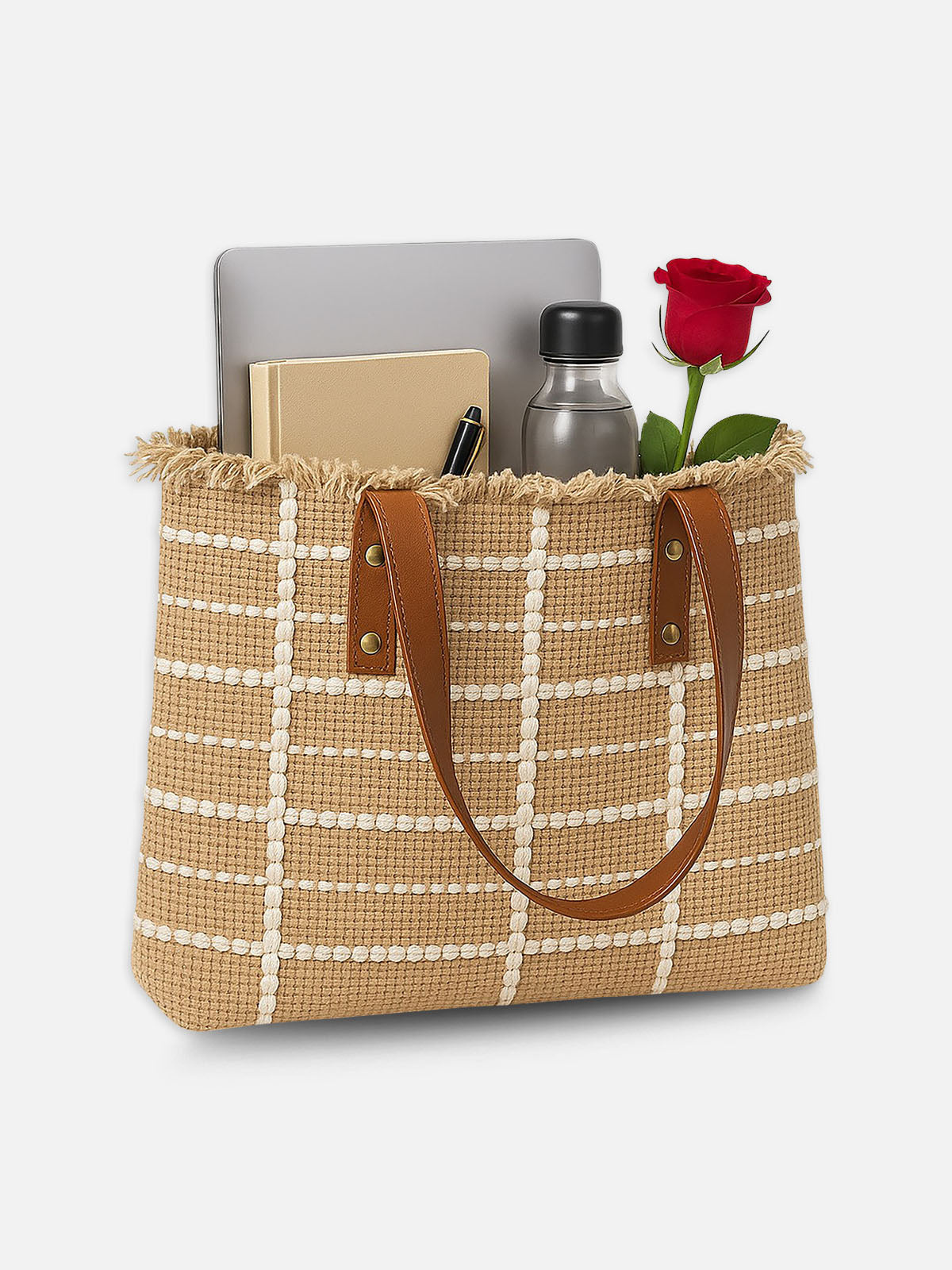 Beige Grid Tote Bag - Natural Handbag with Brown Handles