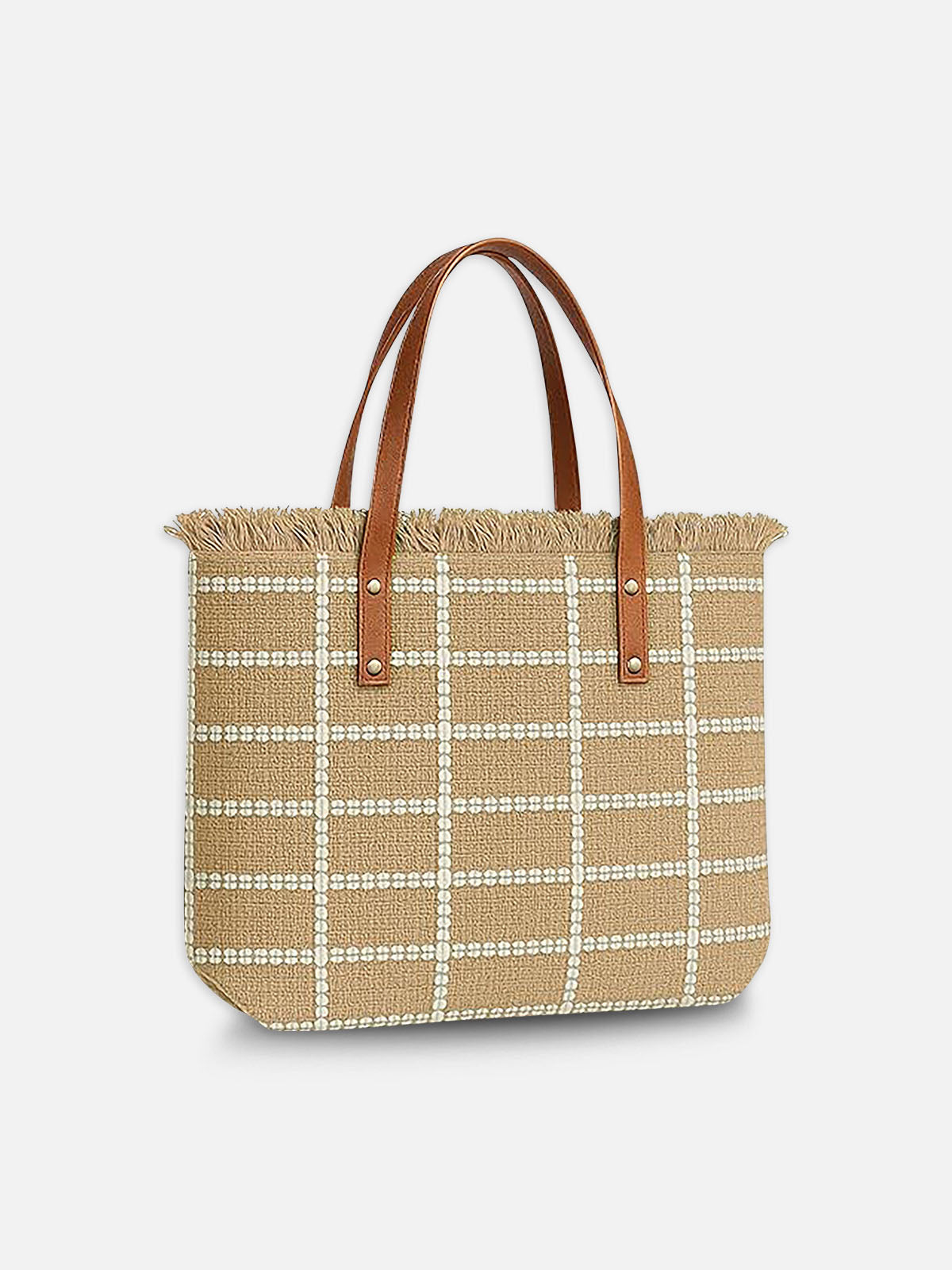 Beige Grid Tote Bag - Natural Handbag with Brown Handles