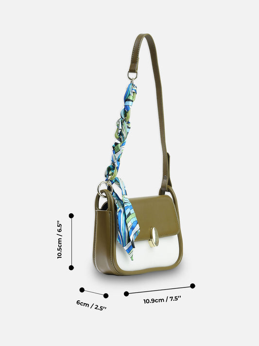 Two-Tone Shoulder Bag with Decorative Scarf – Olive & Cream