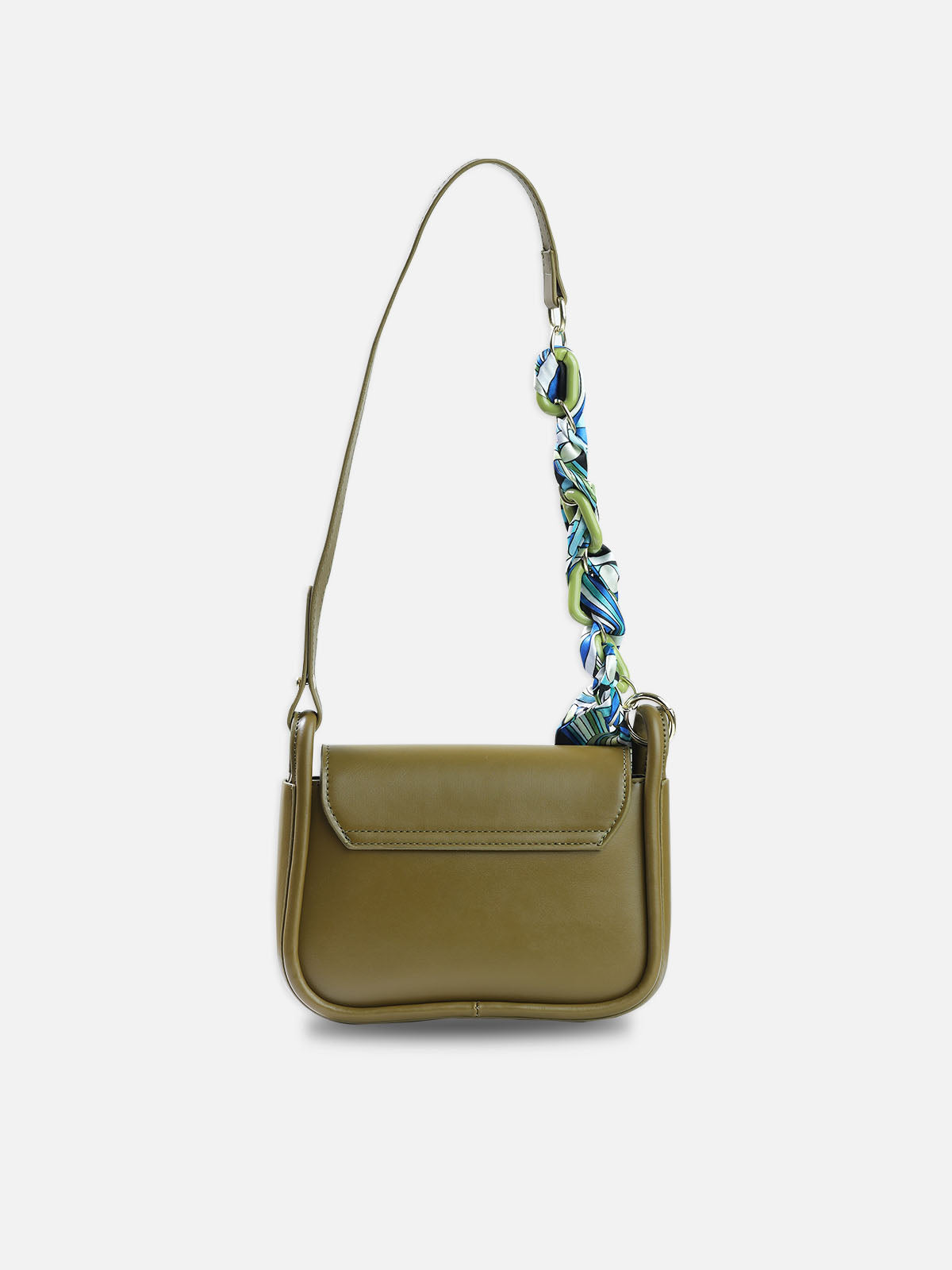 Two-Tone Shoulder Bag with Decorative Scarf – Olive & Cream