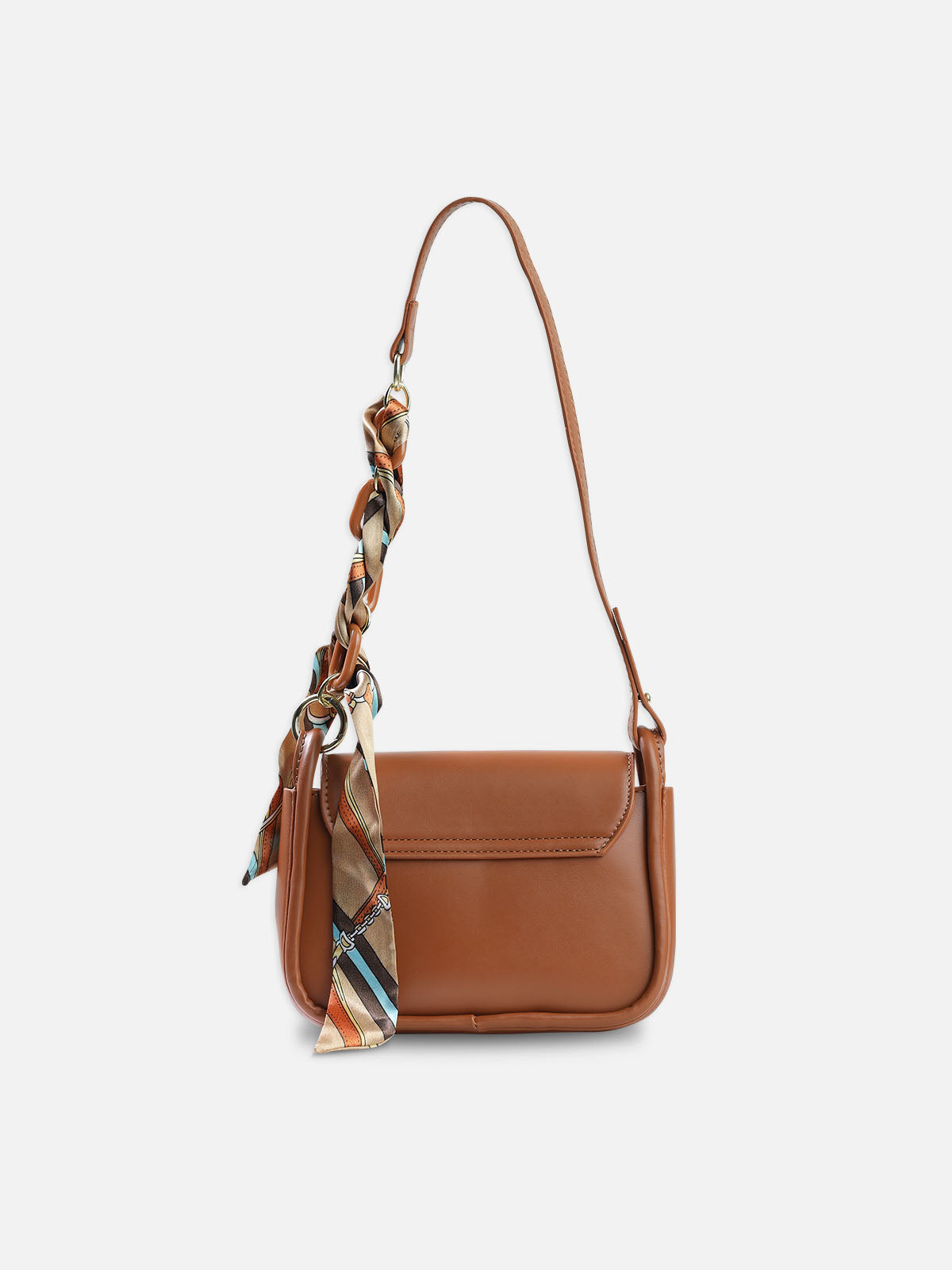 Two-Tone Shoulder Bag with Decorative Scarf – Tan & Cream