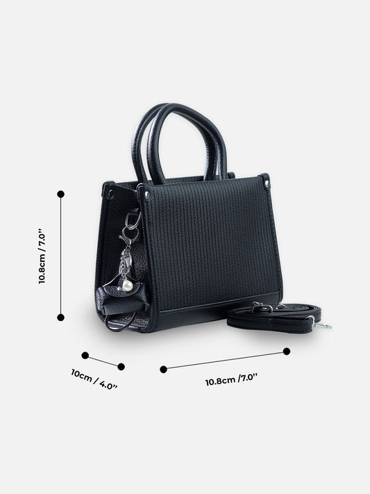 Elegance Noir – Premium Textured Leather Handbag with Charm & Strap