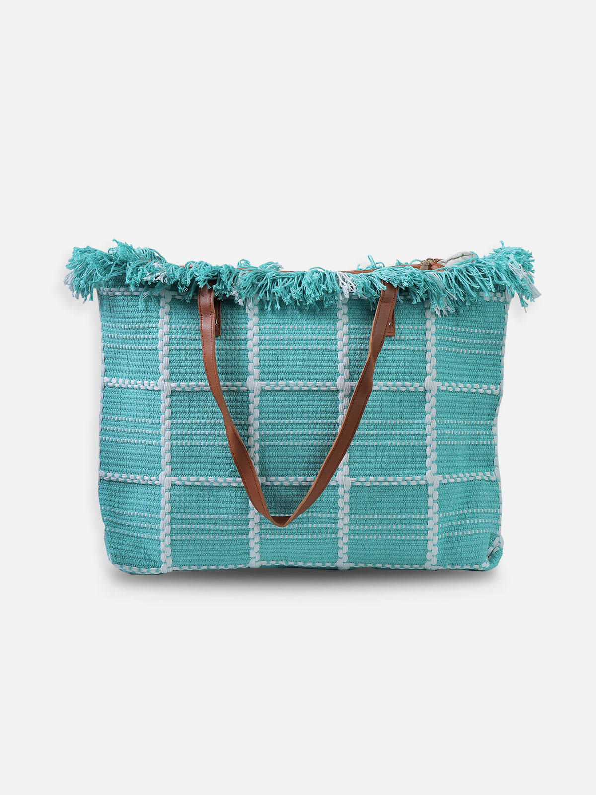 White Grid Tote Bag - Natural Handbag with Brown Handles