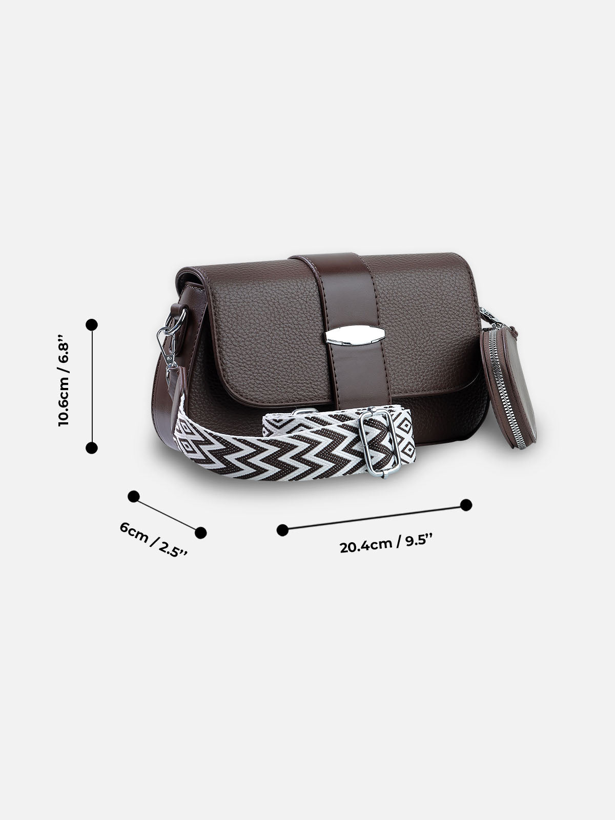 Mocha Elegance Crossbody Bag with Coin Pouch & Patterned Strap