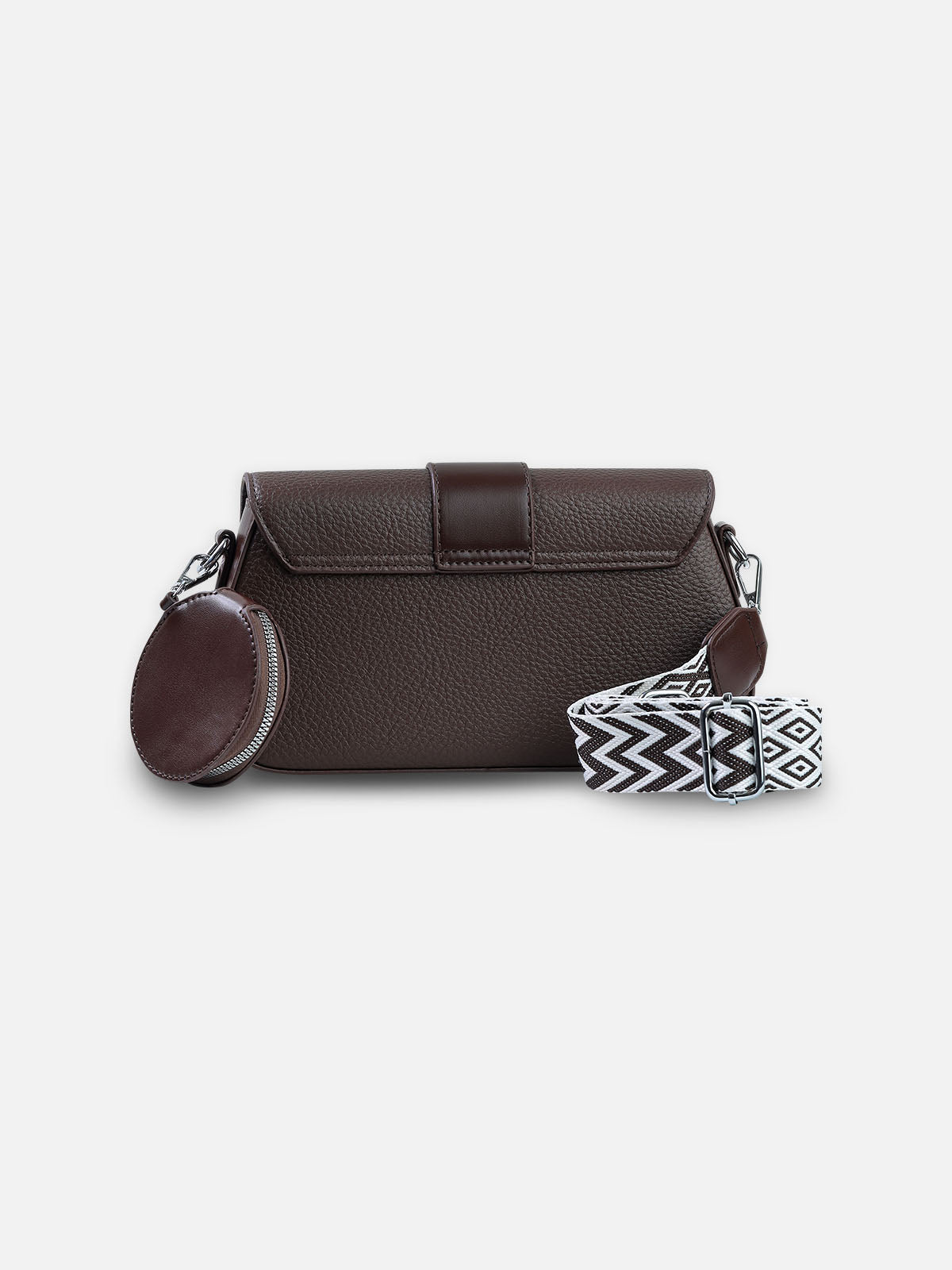 Mocha Elegance Crossbody Bag with Coin Pouch & Patterned Strap