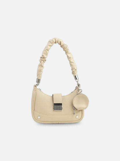 Cream Faux Leather Crescent Bag with Pouch