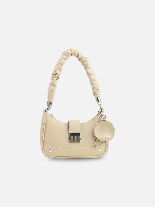 Cream Faux Leather Crescent Bag with Pouch
