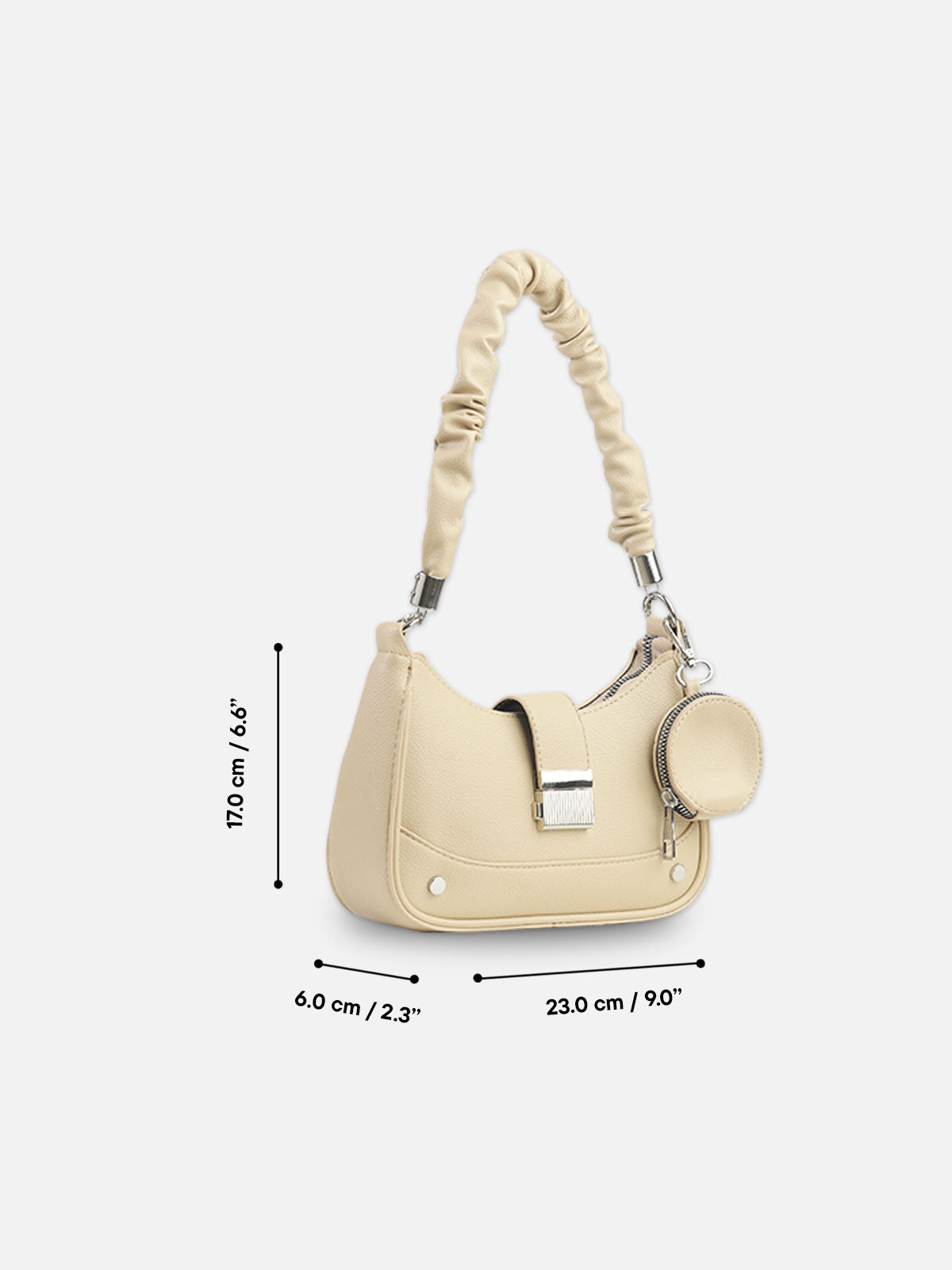 Cream Faux Leather Crescent Bag with Pouch