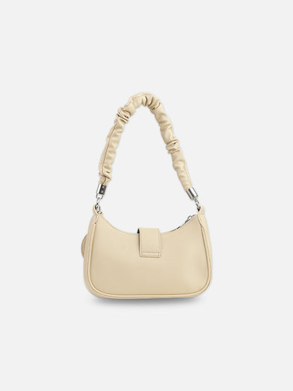 Cream Faux Leather Crescent Bag with Pouch