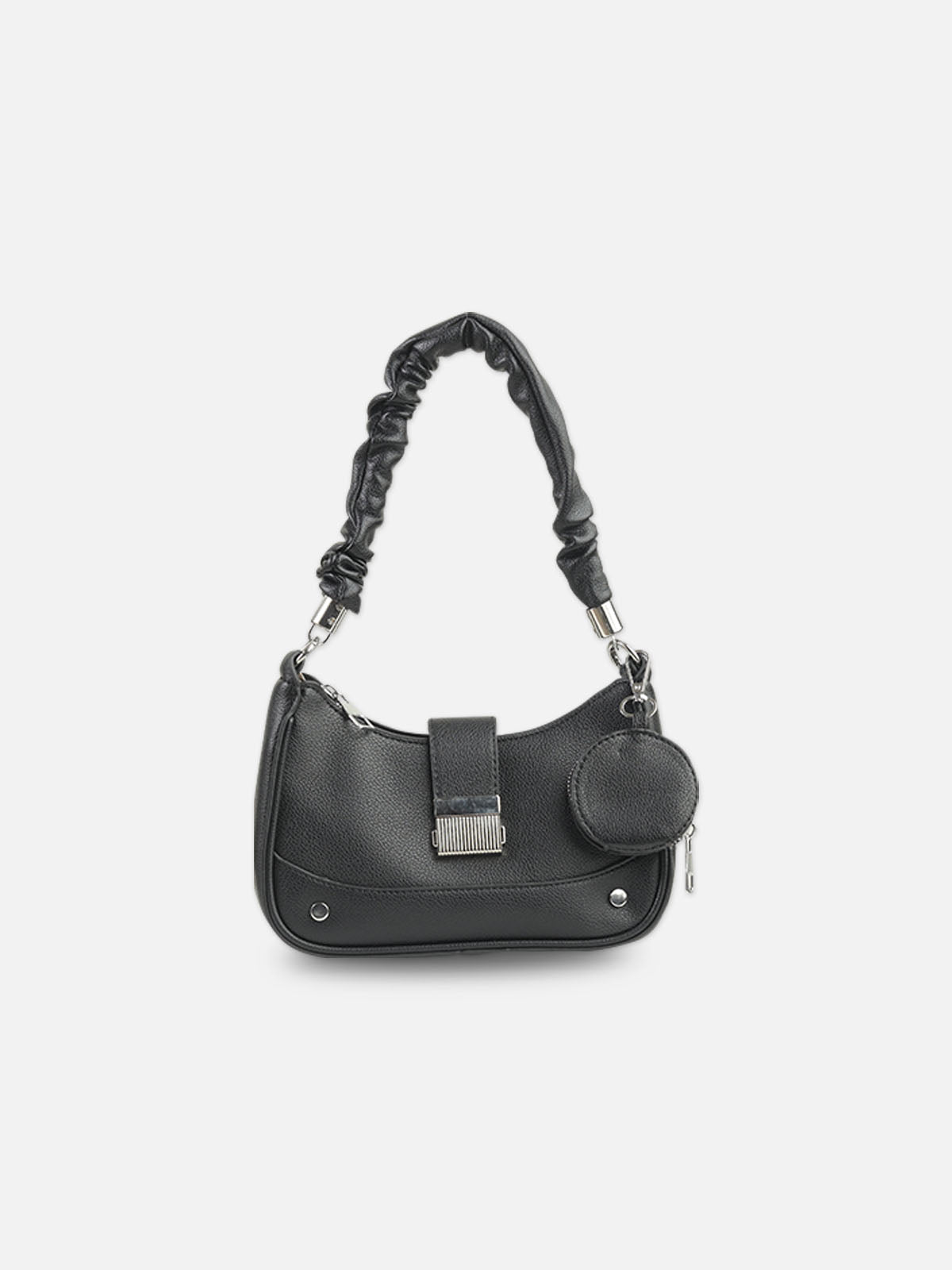 Classic Black Faux Leather Crescent Bag with Pouch