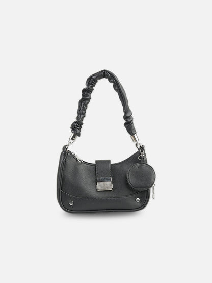 Classic Black Faux Leather Crescent Bag with Pouch