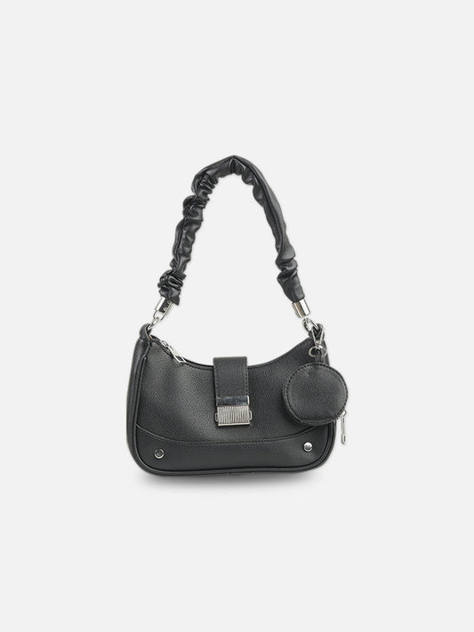 Classic Black Faux Leather Crescent Bag with Pouch