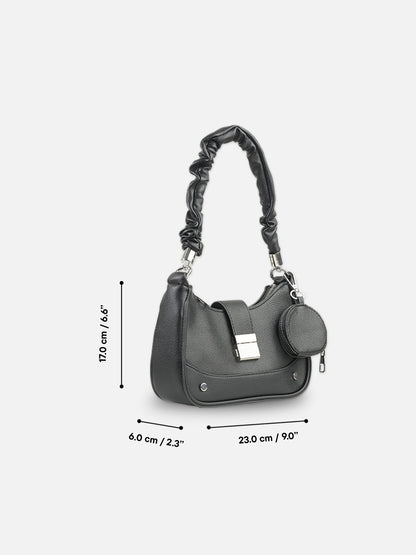 Classic Black Faux Leather Crescent Bag with Pouch