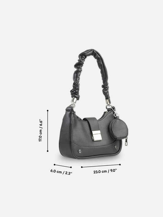 Classic Black Faux Leather Crescent Bag with Pouch