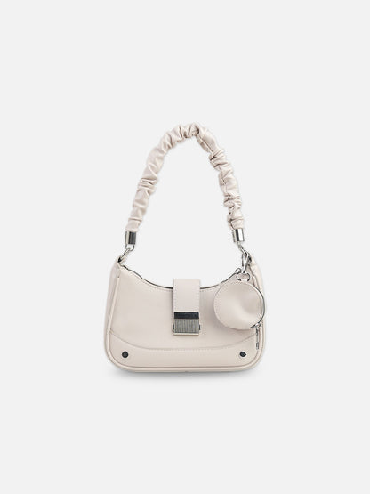 Stylish Off-White Faux Leather Crescent Bag with Pouch