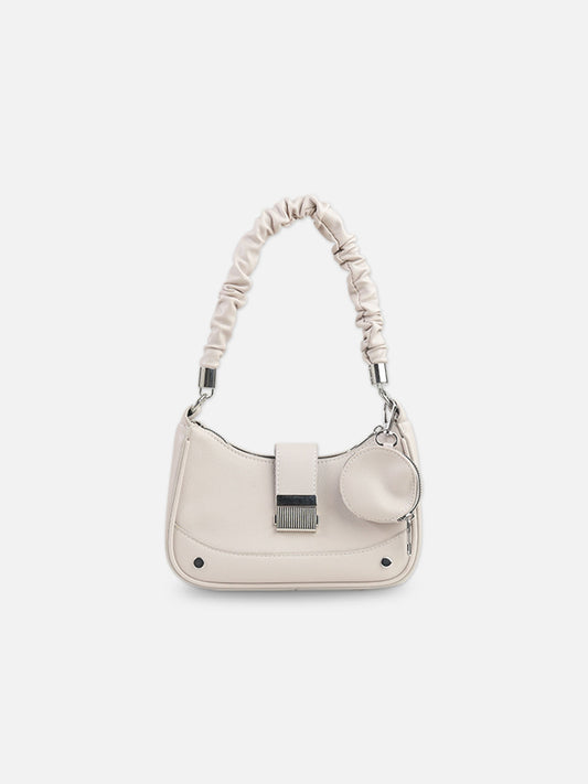 Stylish Off-White Faux Leather Crescent Bag with Pouch