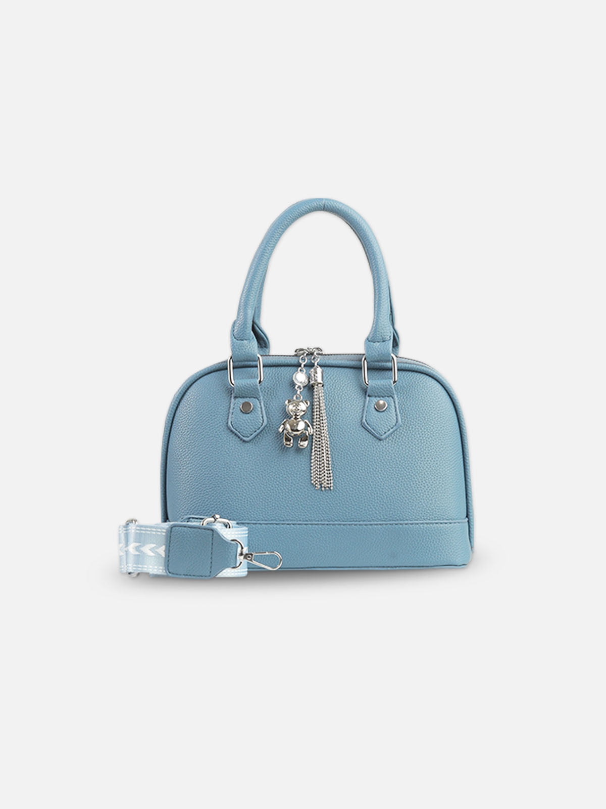 Sky Blue Faux Leather Satchel with Tassel Charm