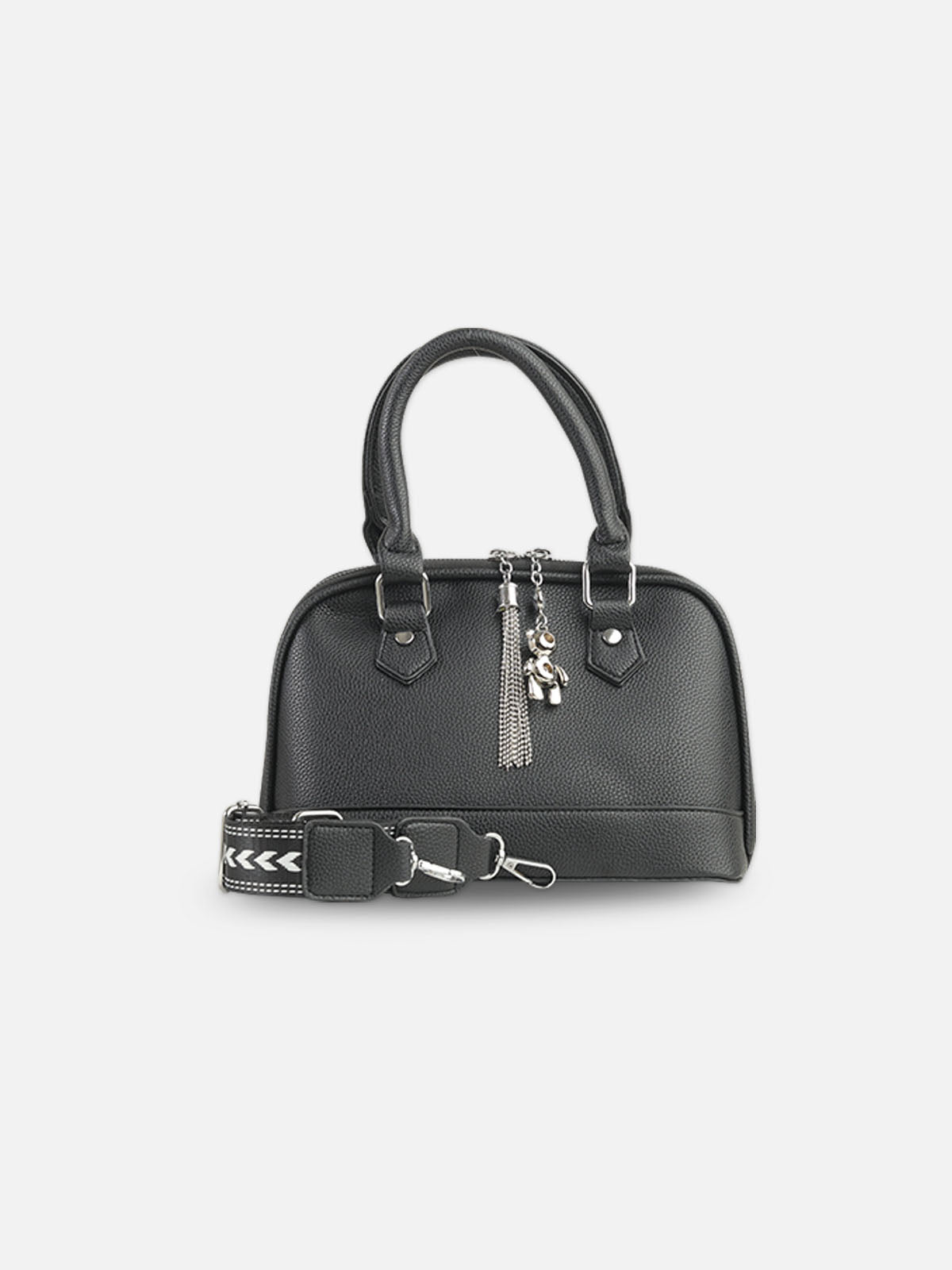 Classic Black Faux Leather Satchel with Tassel Charm