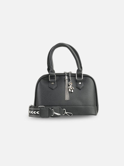 Classic Black Faux Leather Satchel with Tassel Charm