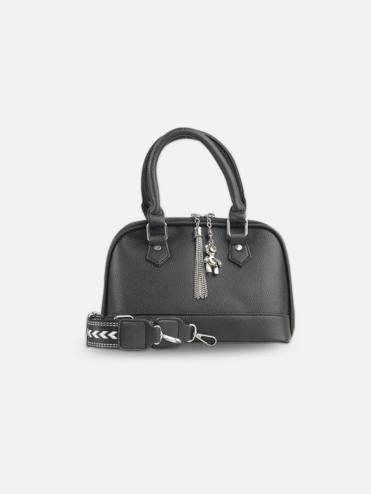 Classic Black Faux Leather Satchel with Tassel Charm
