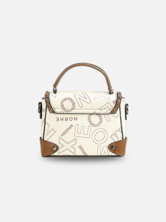 Designer-Inspired Badge Embellished Satchel Bag – Cream & Brown