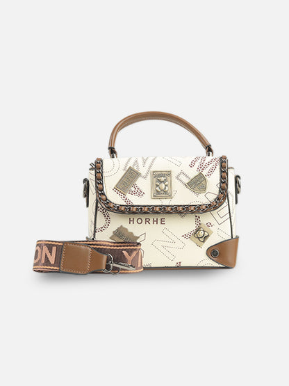 Designer-Inspired Badge Embellished Satchel Bag – Cream & Brown