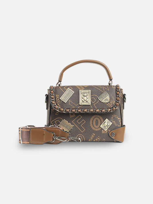 Vintage-Inspired Embellished Satchel Bag – Dark Brown & Gold Accents