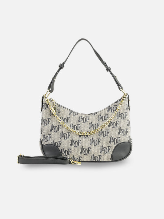 JADE Monogram Shoulder Bag – Black & Beige with Gold Chain