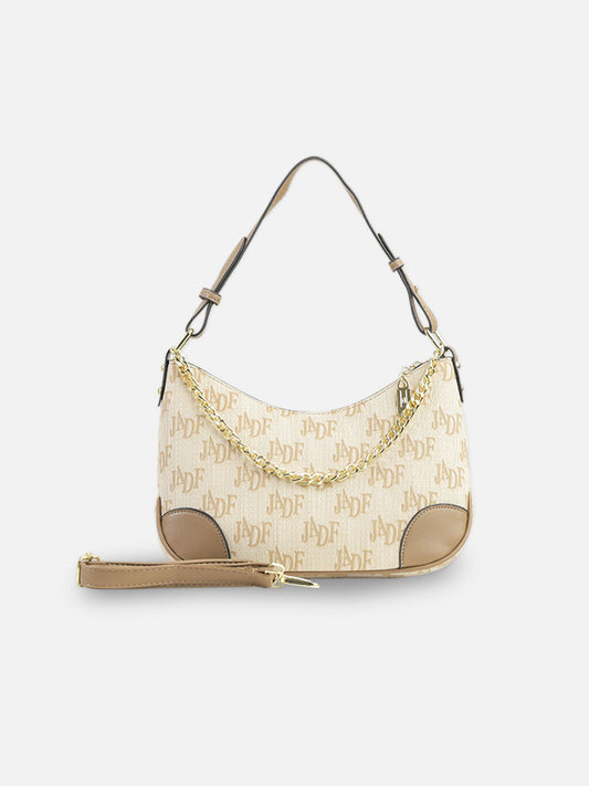 JADE Monogram Shoulder Bag – Beige & Tan with Gold Chain Accent