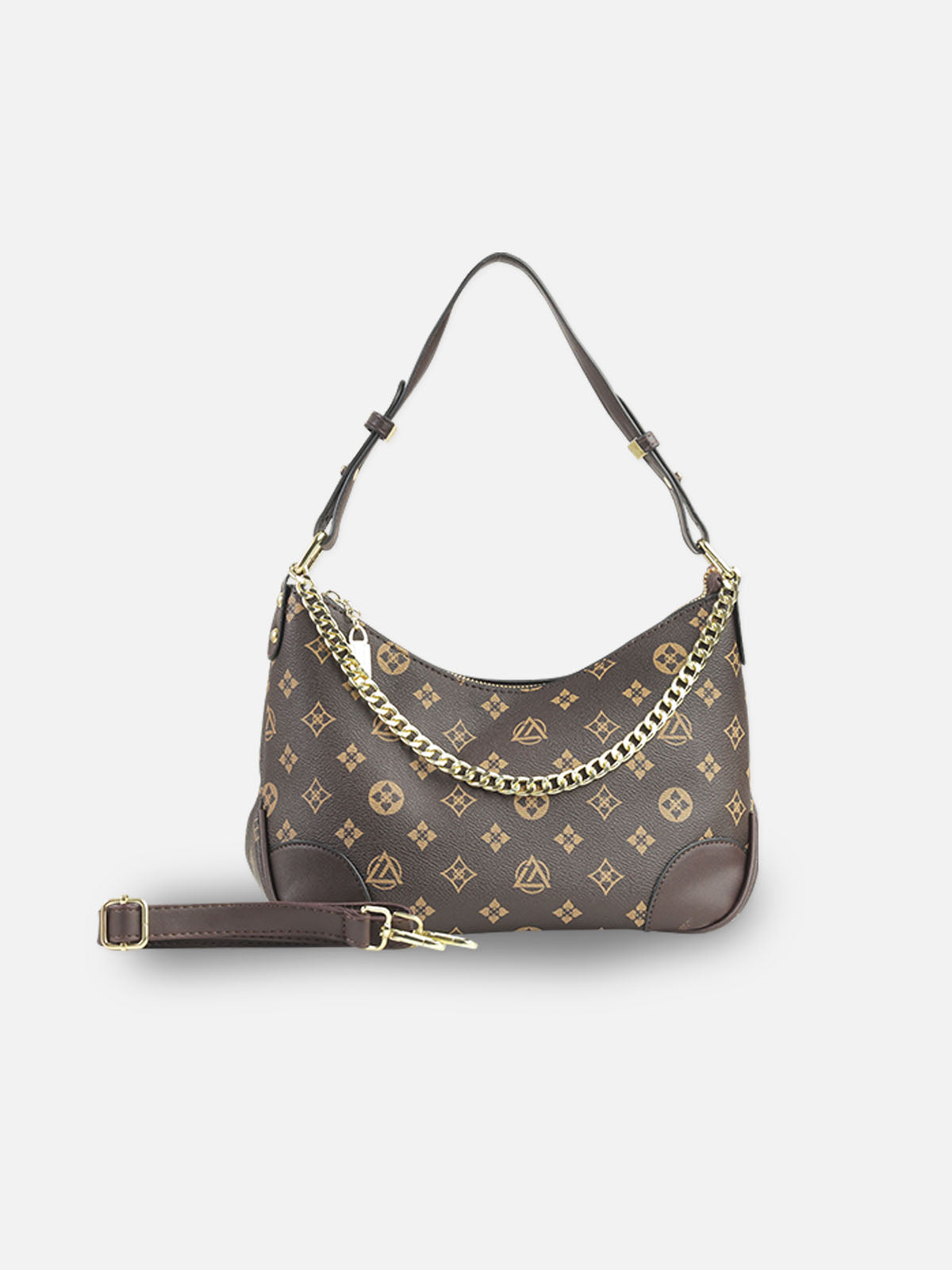 Classic Monogram Shoulder Bag – Dark Brown with Gold Chain Detail