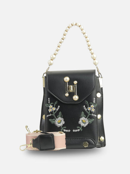 Black Pearl Handle Embroidered Floral Handbag