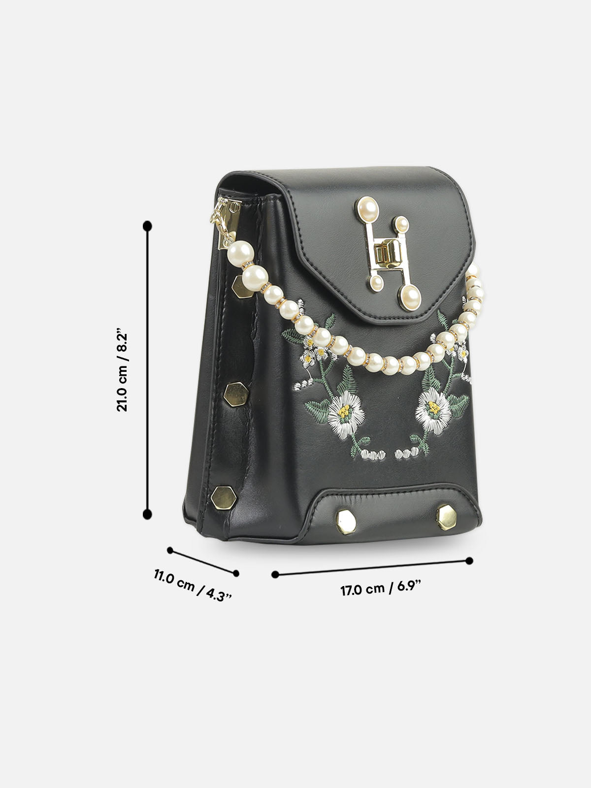 Black Pearl Handle Embroidered Floral Handbag