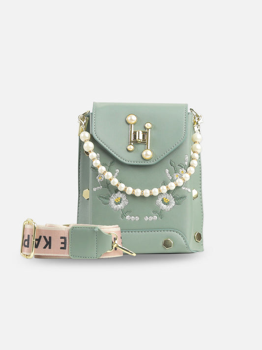 Mint Green Faux Leather Crossbody Bag with Floral Embroidery