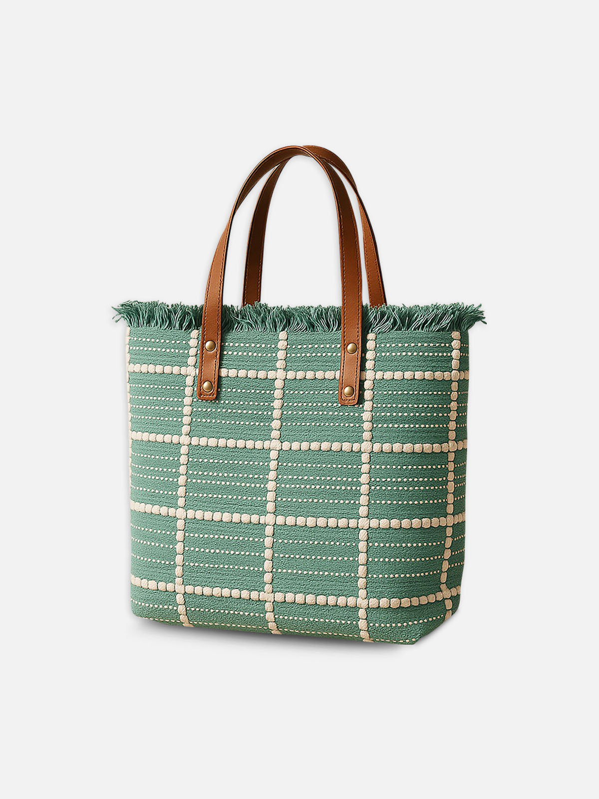 White Grid Tote Bag - Handbag with Brown Handles