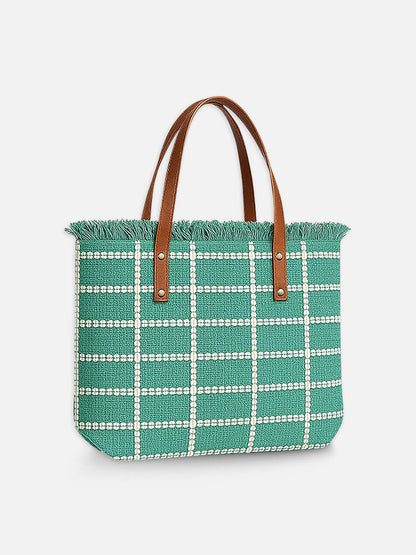White Grid Tote Bag - Handbag with Brown Handles