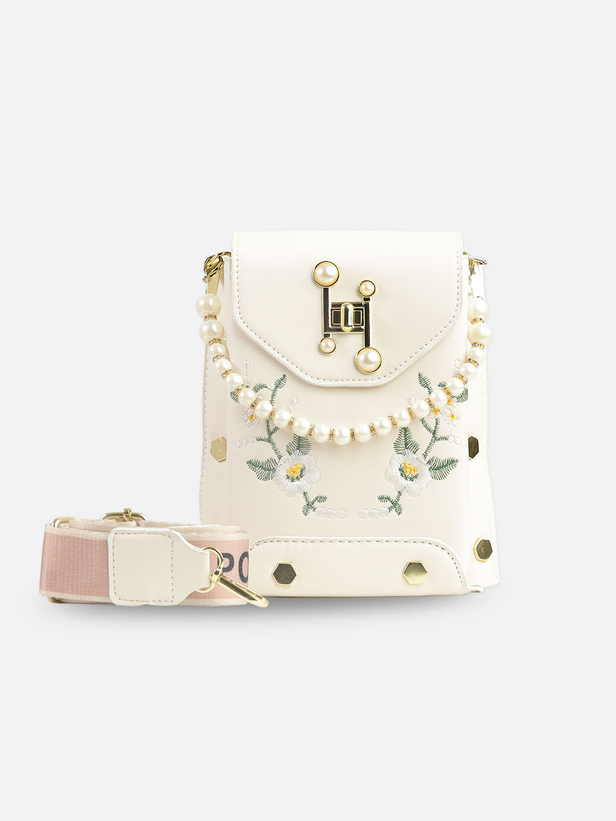 Elegant Ivory Faux Leather Crossbody Bag with Floral Embroidery