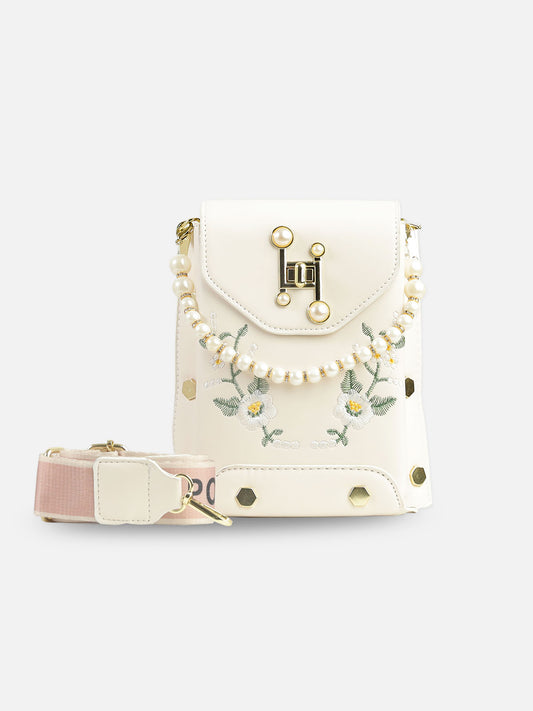 Elegant Ivory Faux Leather Crossbody Bag with Floral Embroidery