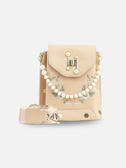 Blush Beige Faux Leather Crossbody Bag with Floral Embroidery