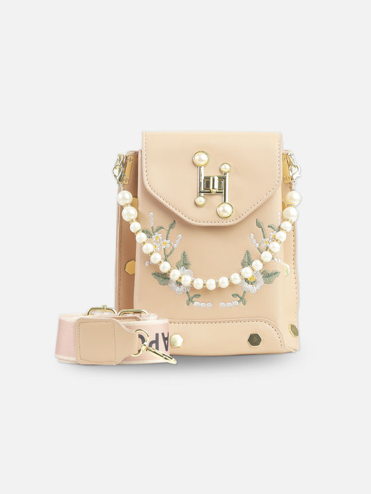 Blush Beige Faux Leather Crossbody Bag with Floral Embroidery