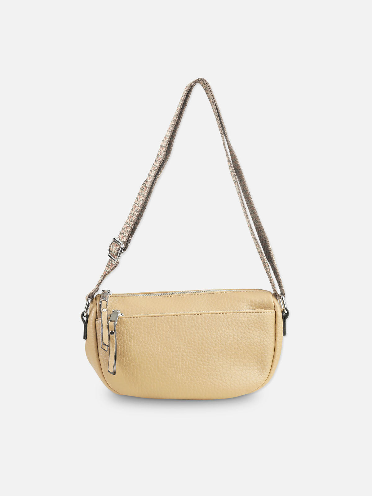 Elegant Beige Textured Shoulder Bag with Zip Closure