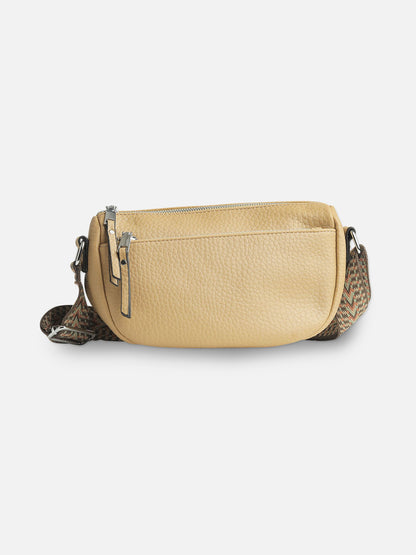 Elegant Beige Textured Shoulder Bag with Zip Closure